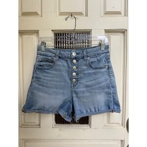 American Eagle Denim Shorts Size 6 Curvy Hi-Rise Button Fly Distressed Hem‎